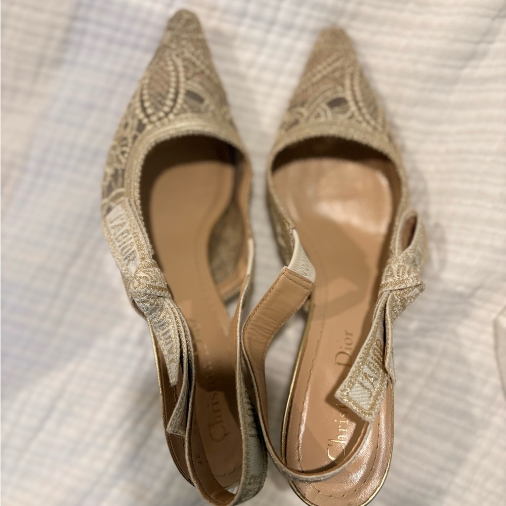 DIOR J'adior slingback gold macramé-effect d-lace butterfly motif short heel - Picture 6 of 9